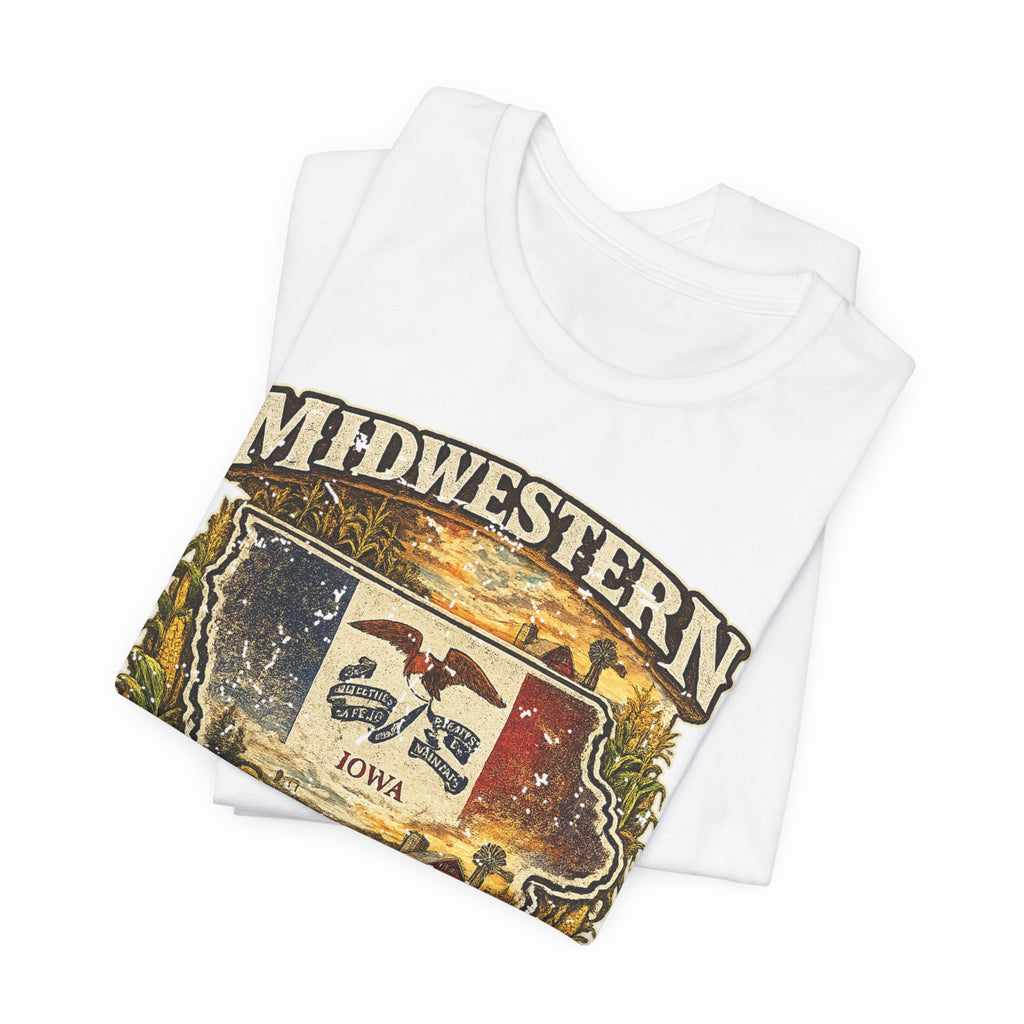 Slightly Salty Midwestern As F**K Iowa T-Shirt – product photo 2 featuring a distressed vintage design featuring the outline of Iowa overlaid with the Iowa state flag, surrounded by towering corn stalks, rolling farmland, a classic red barn, a windmill, a tractor, and an overflowing harvest basket