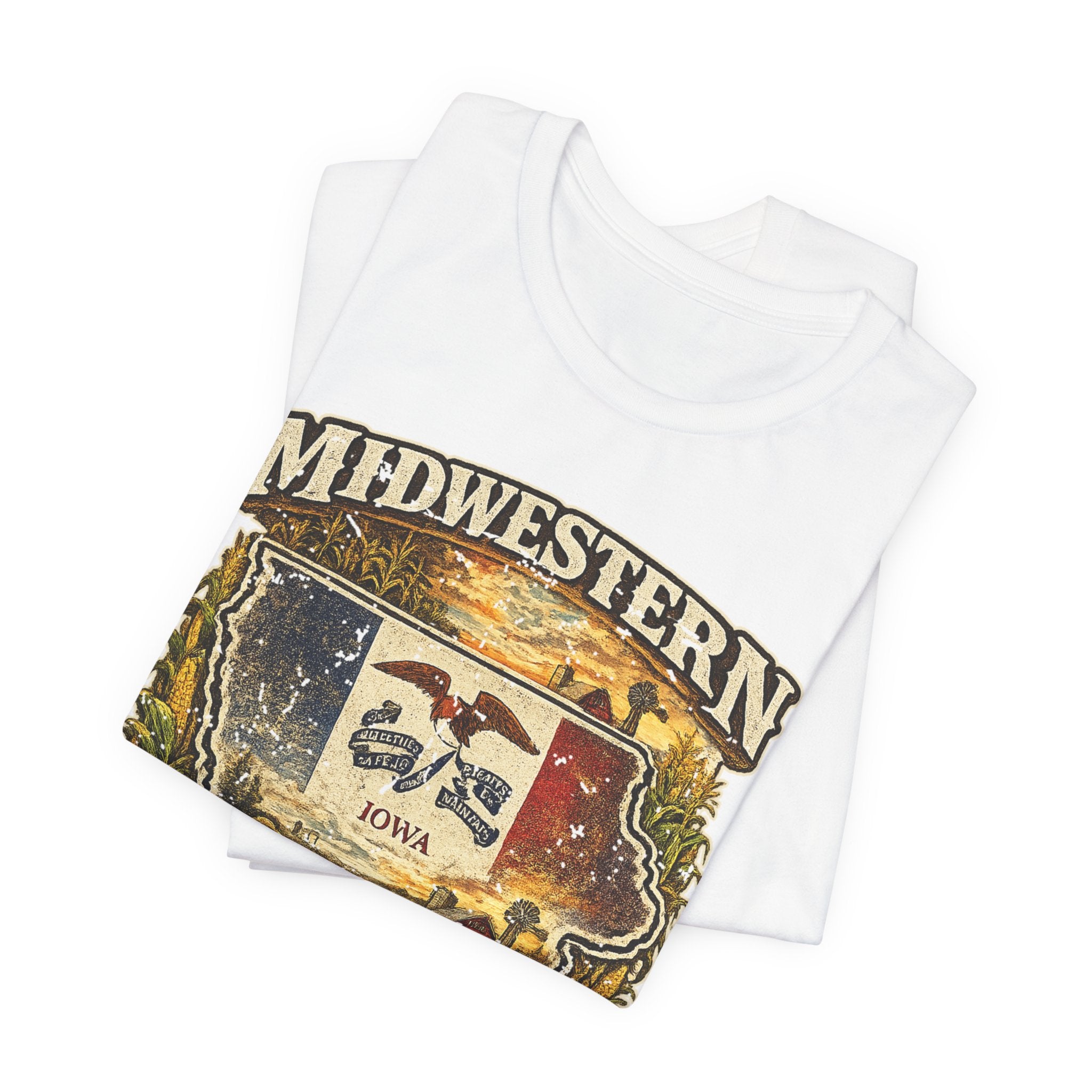 Slightly Salty Midwestern As F**K Iowa T-Shirt – product photo 2 featuring a distressed vintage design featuring the outline of Iowa overlaid with the Iowa state flag, surrounded by towering corn stalks, rolling farmland, a classic red barn, a windmill, a tractor, and an overflowing harvest basket