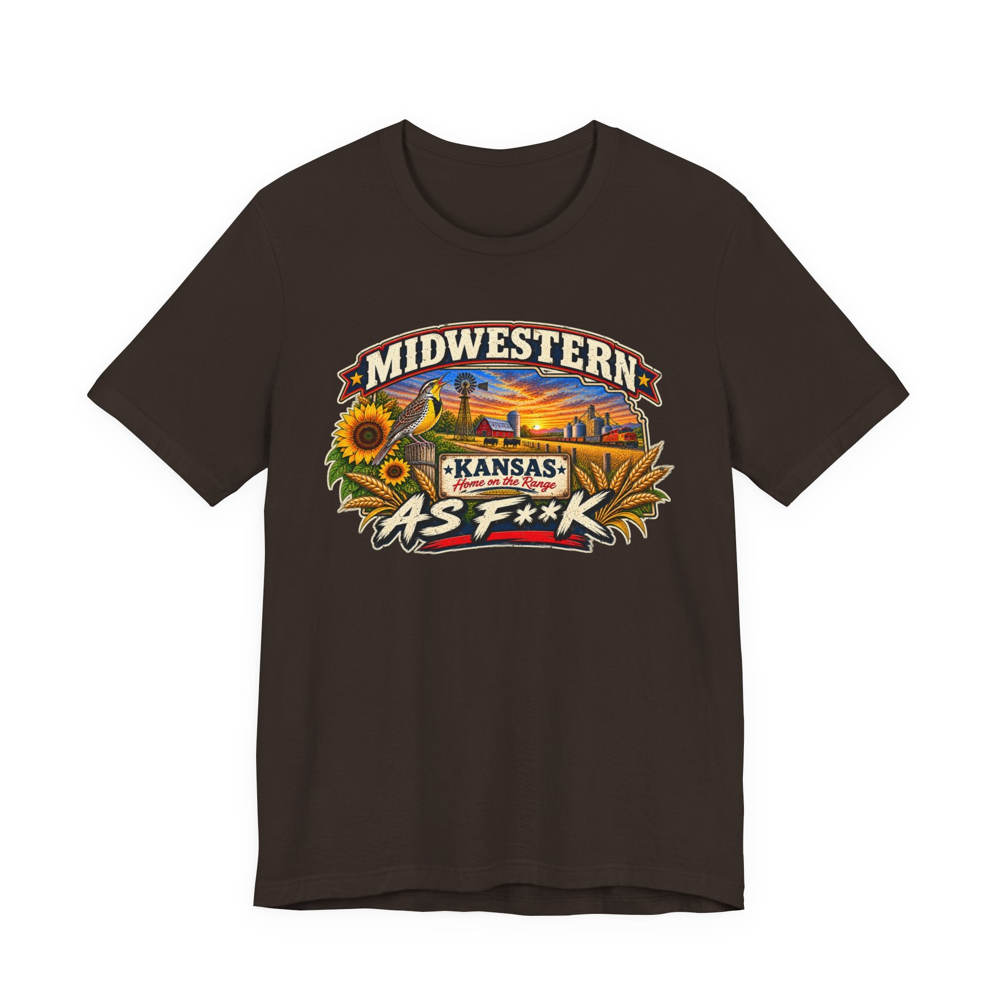 Brown Kansas As F**K T-shirt laid flat with the censored Midwestern banner print