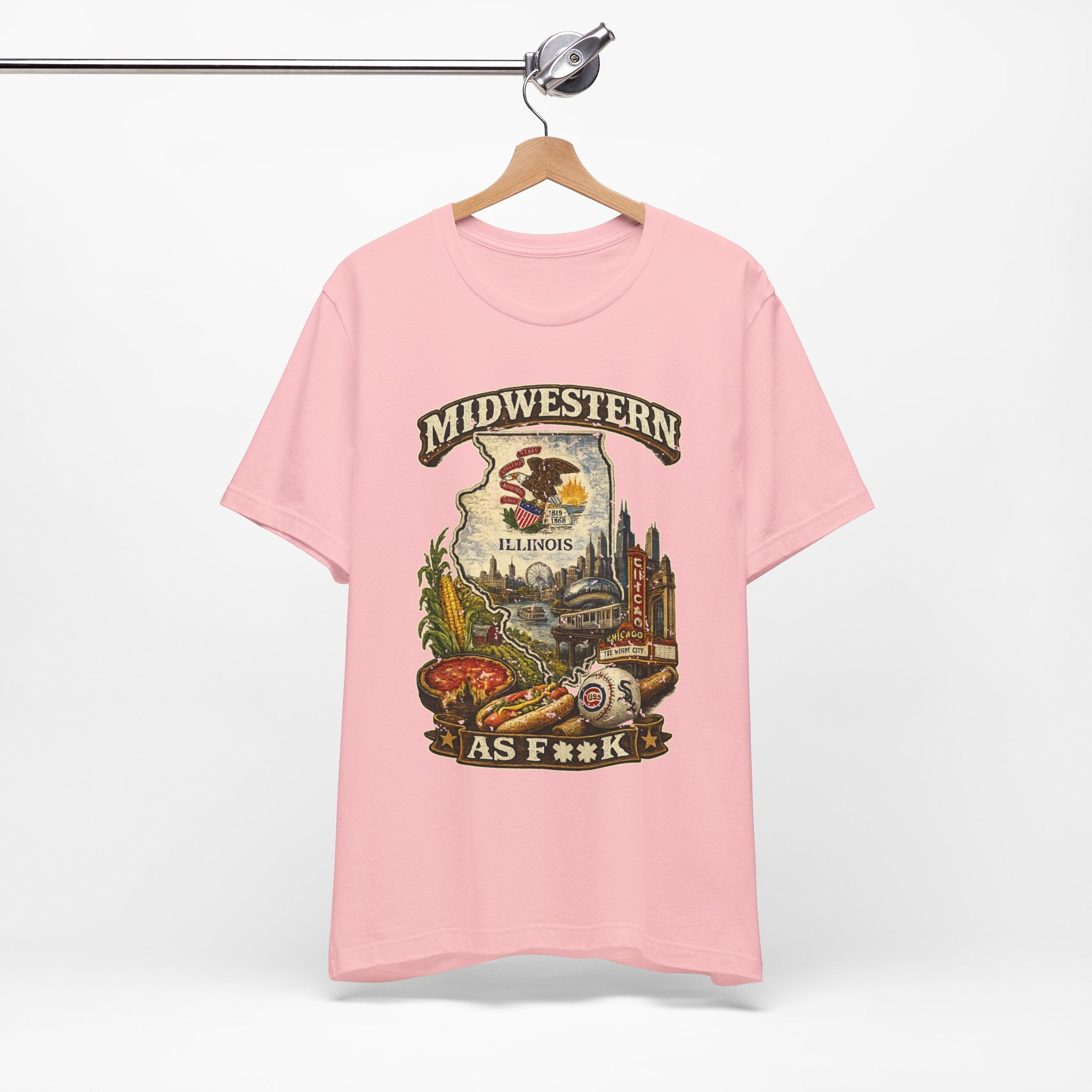Slightly Salty Midwestern As F**K Illinois T-Shirt – product photo 17 featuring a distressed vintage design featuring the Illinois state outline overlaid with the state flag, surrounded by the Chicago skyline, the Chicago Theatre sign, The Bean, deep-dish pizza, a Chicago-style hot dog, and towering corn fields
