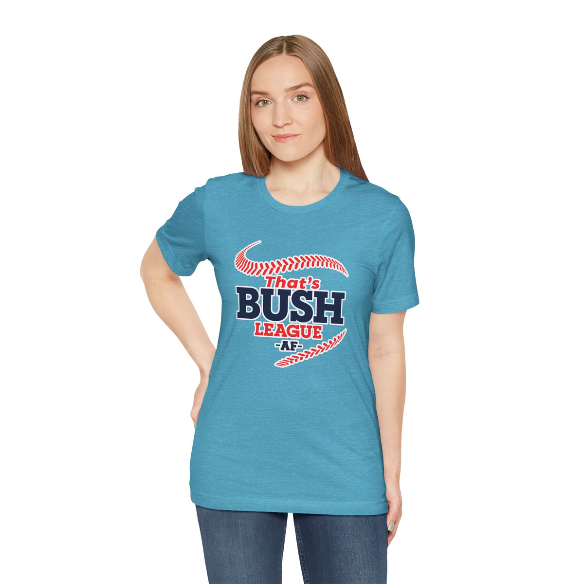 Woman wearing the Heather Aqua Bush League AF tee with jeans