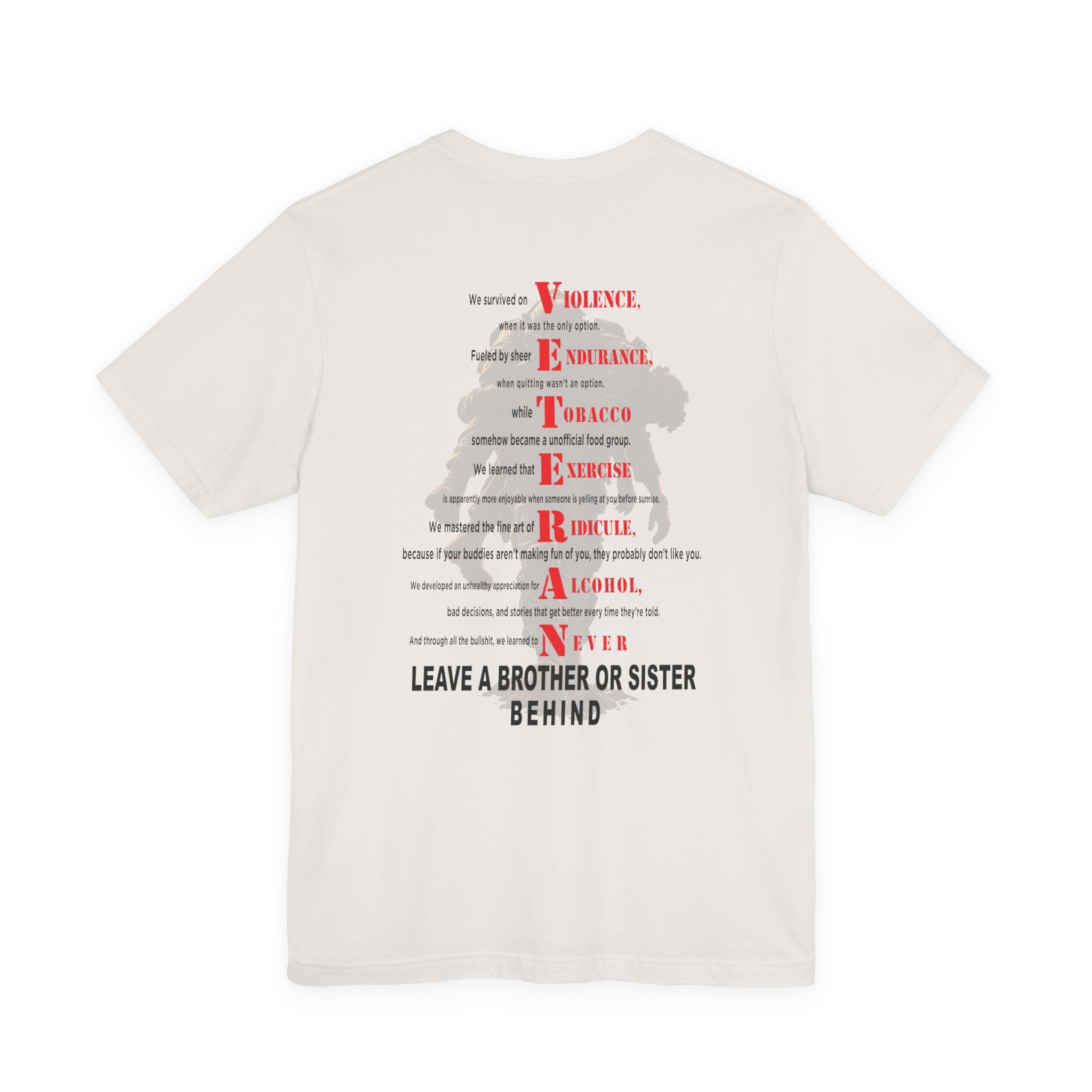 Marine veteran tee in Vintage White, VETERAN acrostic back print over a Marine carrying a wounded comrade