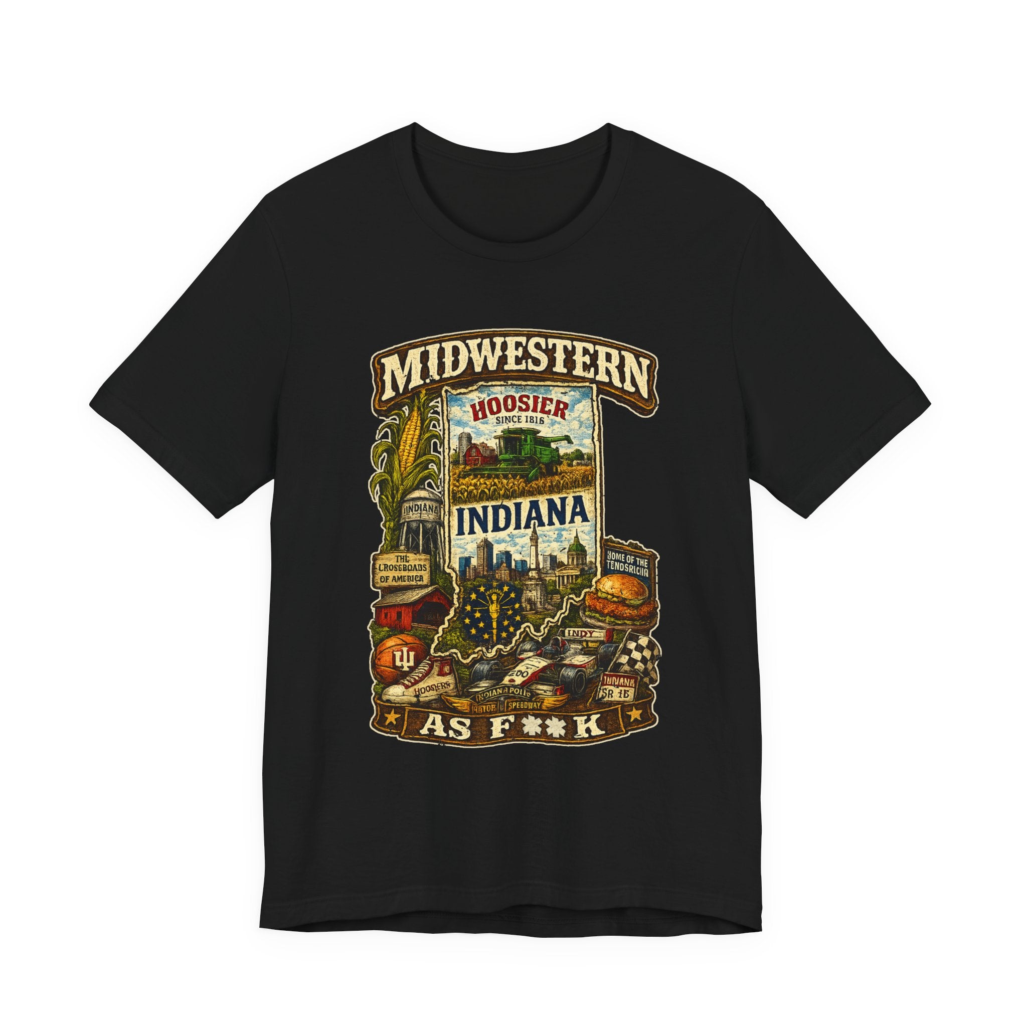 Black Midwestern As F**K Indiana T-Shirt, slightly salty Hoosier State pride tee