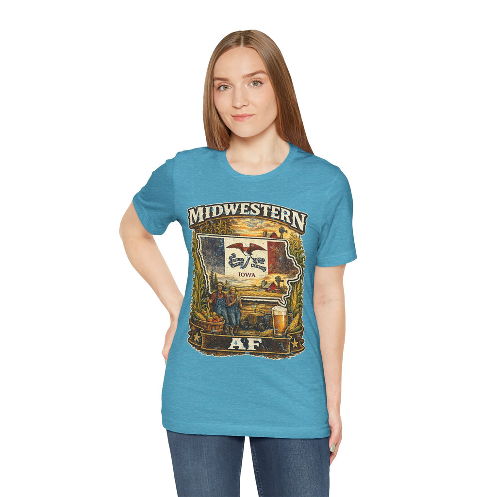 Family Friendly Midwestern AF Iowa T-Shirt – product photo 1 featuring a distressed vintage design featuring the outline of Iowa overlaid with the Iowa state flag, surrounded by towering corn stalks, rolling farmland, a classic red barn, a windmill, a tractor, and an overflowing harvest basket