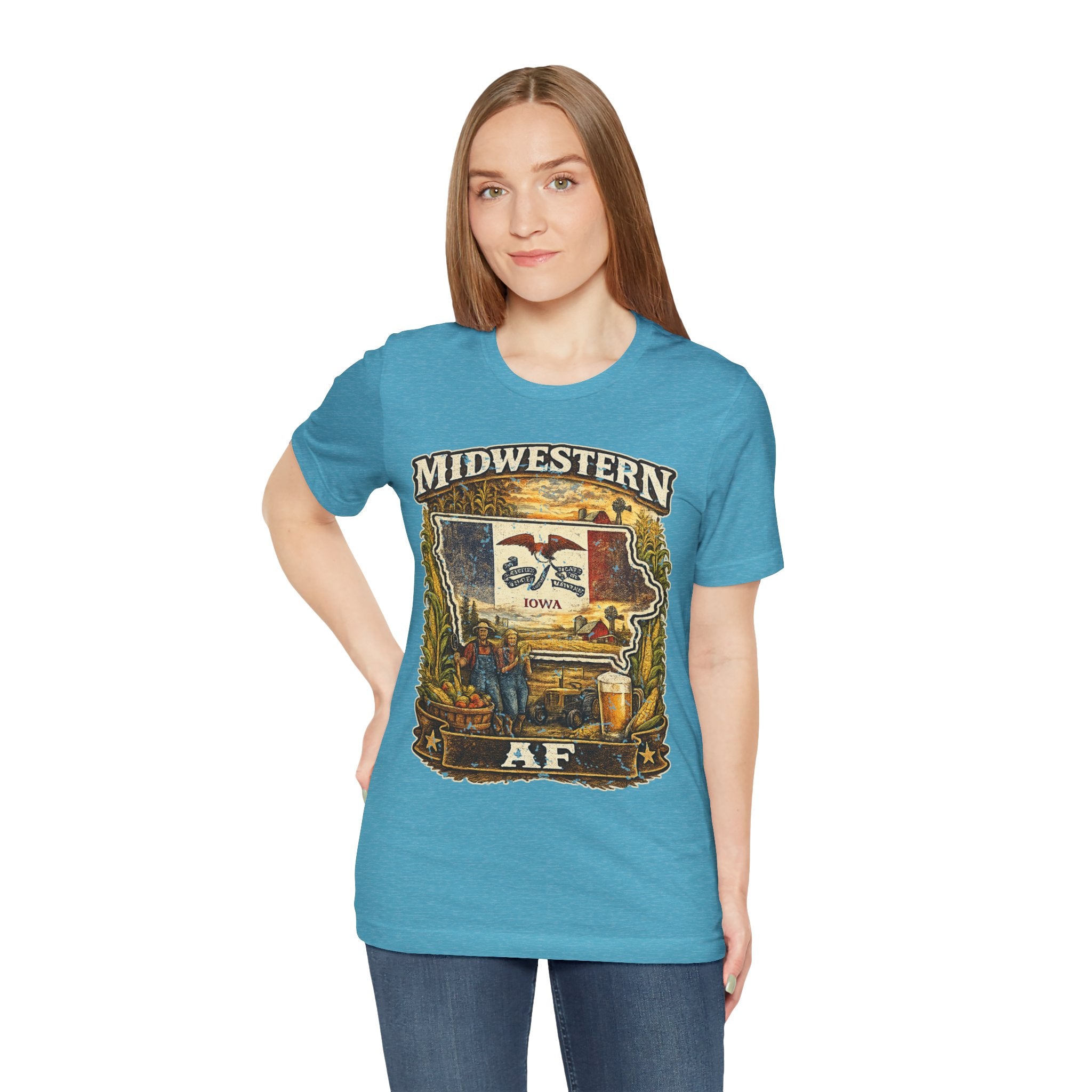 Family Friendly Midwestern AF Iowa T-Shirt – product photo 1 featuring a distressed vintage design featuring the outline of Iowa overlaid with the Iowa state flag, surrounded by towering corn stalks, rolling farmland, a classic red barn, a windmill, a tractor, and an overflowing harvest basket