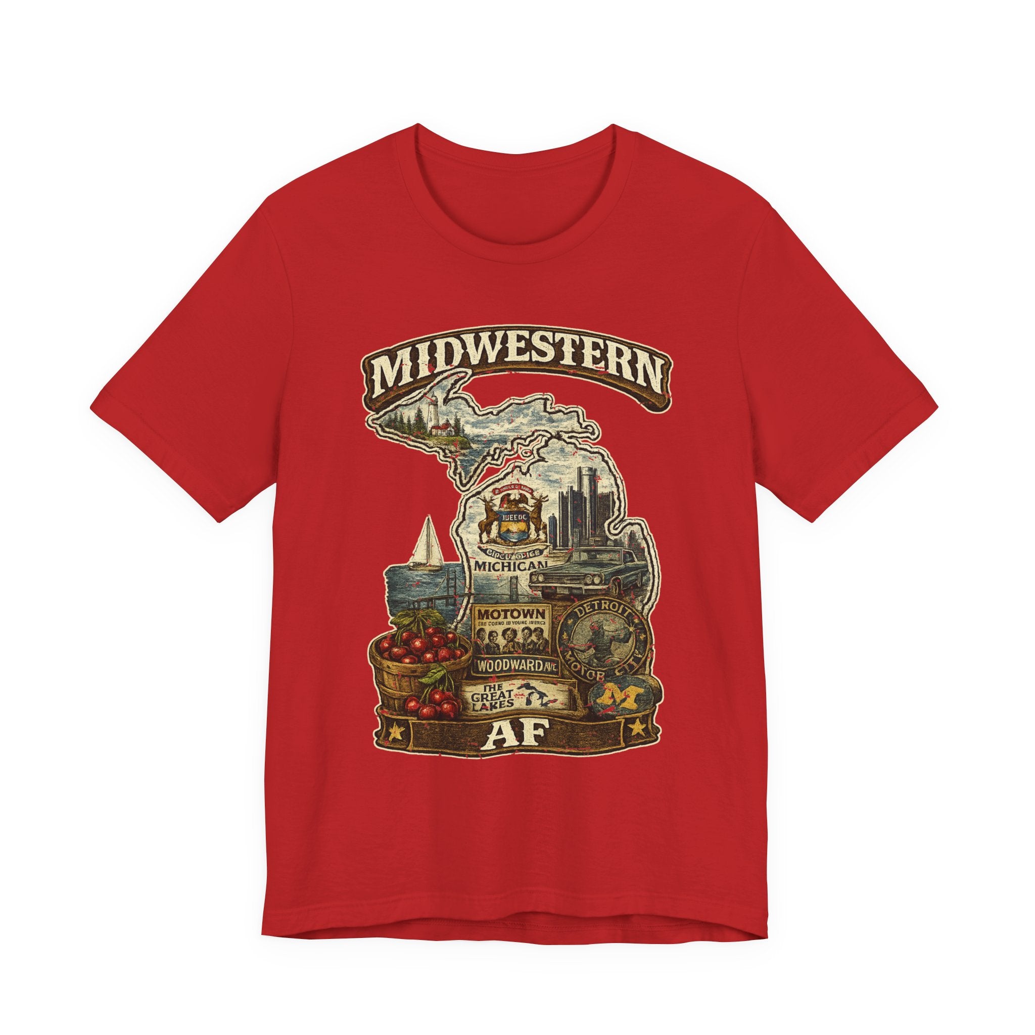 Family Friendly Midwestern AF Michigan T-Shirt in Red – a distressed vintage design featuring Michigan's Upper and Lower Peninsulas overlaid with the state outline, surrounded by Detroit's skyline, Woodward Avenue, the Great Lakes, and Traverse City cherries
