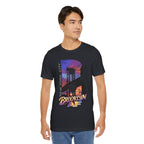 Black t-shirt worn by a model, front view showing the full 'B' Brooklyn Bridge sunset skyline graphic and logo