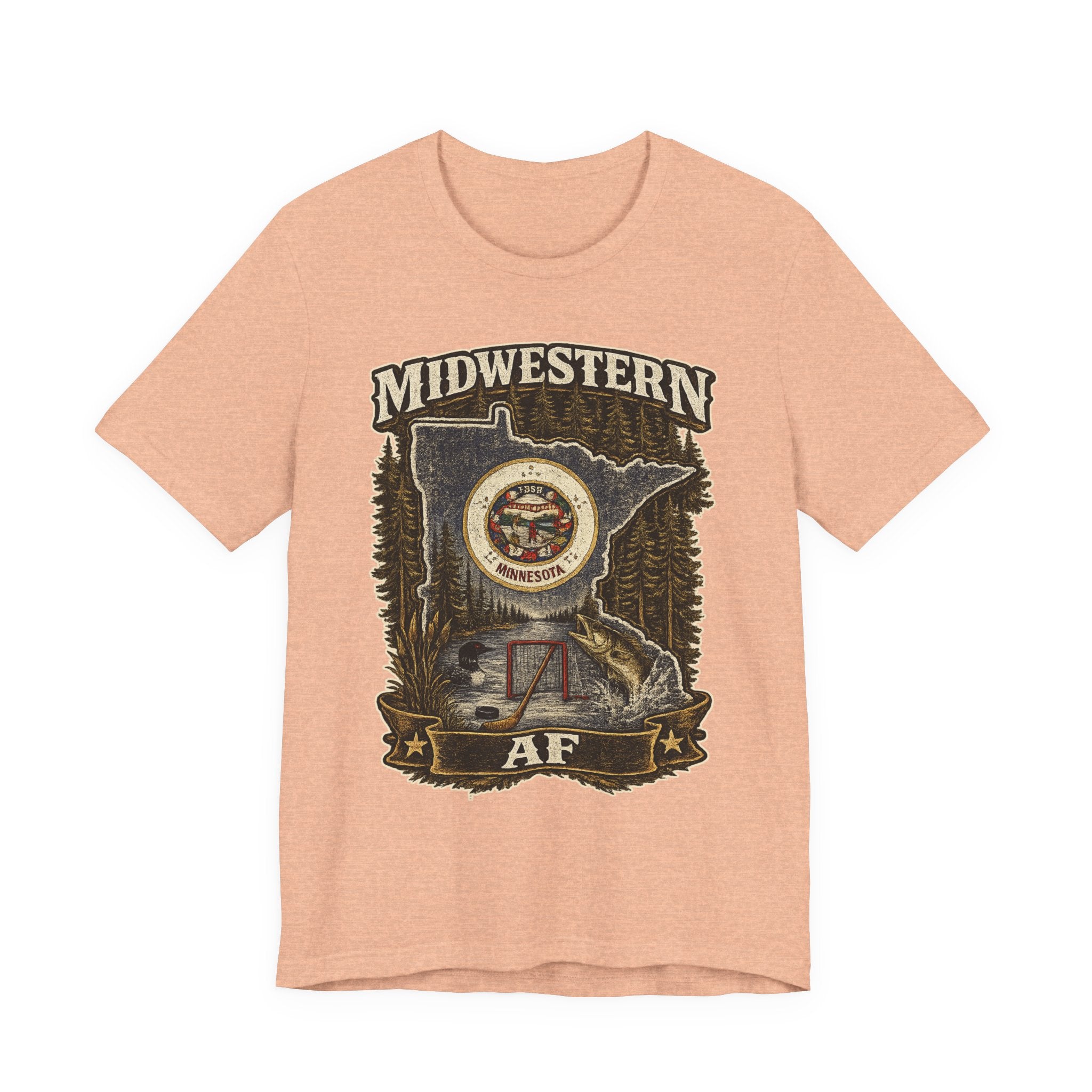 Family Friendly Midwestern AF Minnesota T-Shirt in Heather Peach – distressed Minnesota state flag design with pine trees, loon and walleye