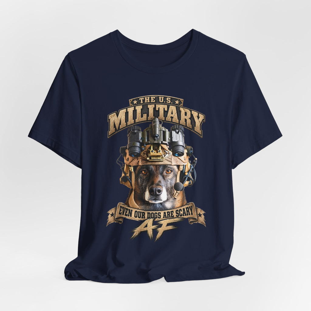 Military K-9 T-shirt in Navy shown draped with the working dog front print
