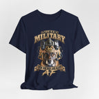 Military K-9 T-shirt in Navy shown draped with the working dog front print