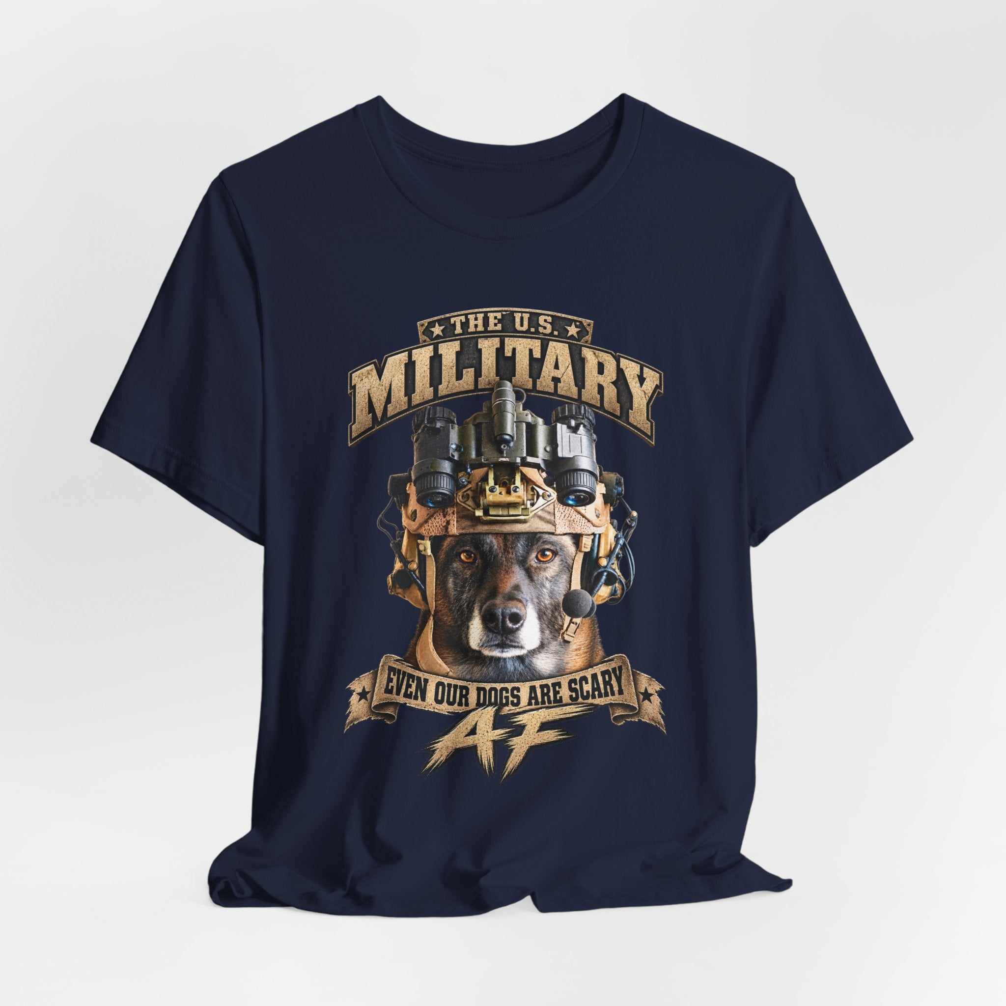 Military K-9 T-shirt in Navy shown draped with the working dog front print
