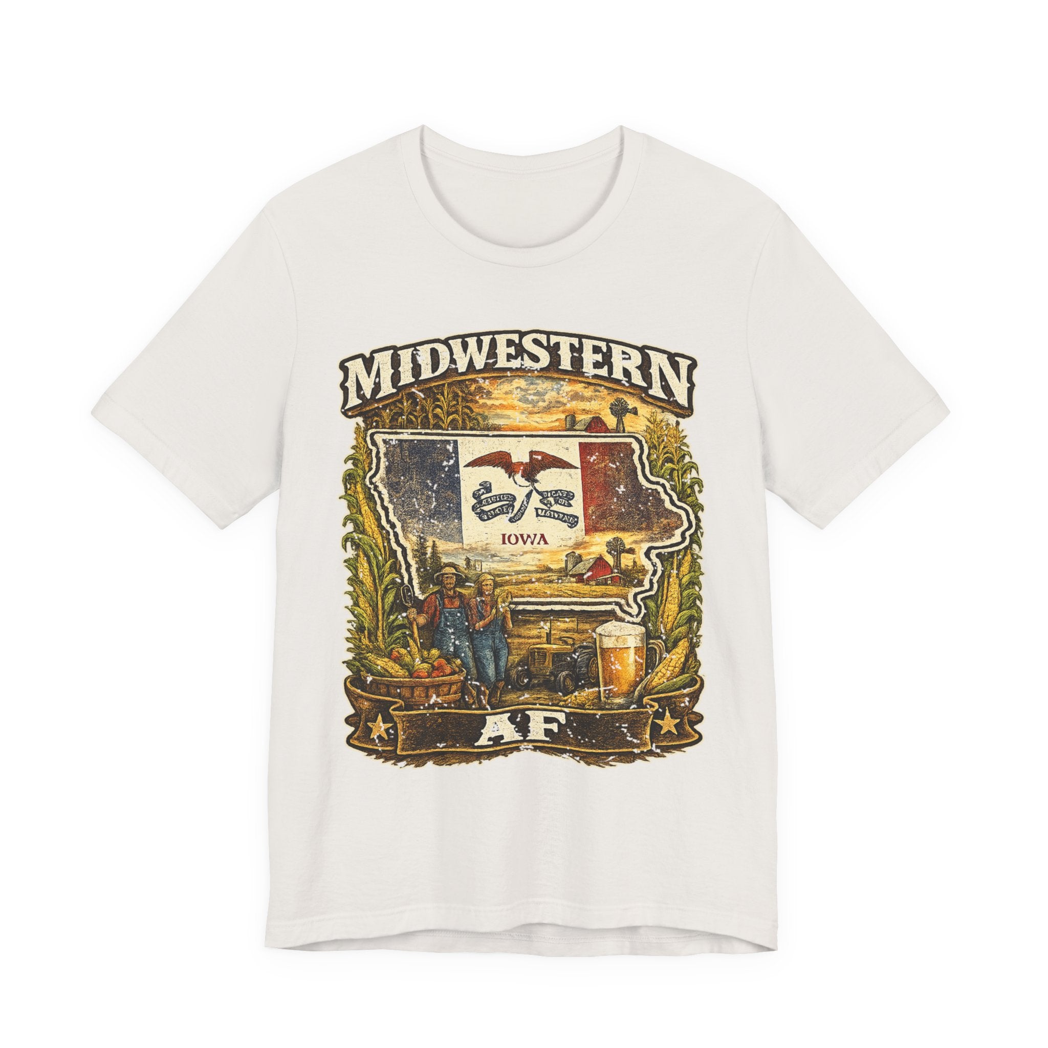 Family Friendly Midwestern AF Iowa T-Shirt in Vintage White – a distressed vintage design featuring the outline of Iowa overlaid with the Iowa state flag, surrounded by towering corn stalks, rolling farmland, a classic red barn, a windmill, a tractor, and an overflowing harvest basket
