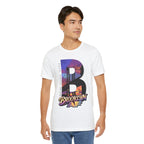 White tee worn by a male model, front view, featuring the oversized "B" Brooklyn Bridge sunset skyline graphic.
