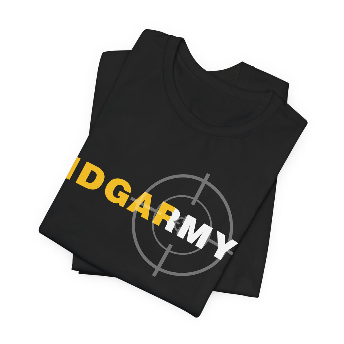 Black IDGAF Army T-shirt folded to show the front print running across the fold