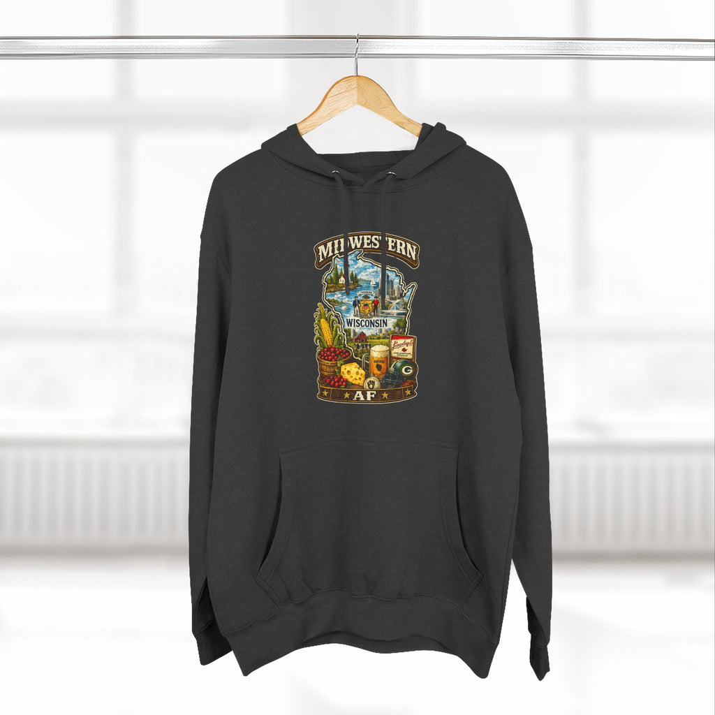 Midwestern AF Wisconsin Hoodie | Funny Wisconsin Pride Hoodie | Lane Seven LS14001 3-Panel Fleece | Family Friendly Cheesehead State Hoodie