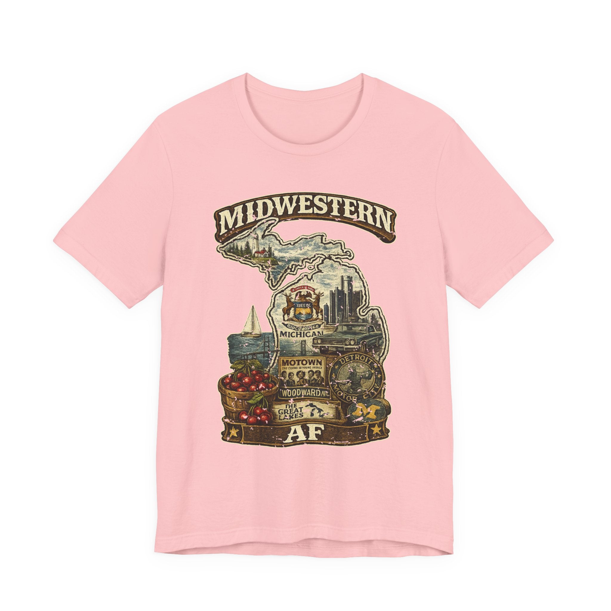 Family Friendly Midwestern AF Michigan T-Shirt in Pink – a distressed vintage design featuring Michigan's Upper and Lower Peninsulas overlaid with the state outline, surrounded by Detroit's skyline, Woodward Avenue, the Great Lakes, and Traverse City cherries
