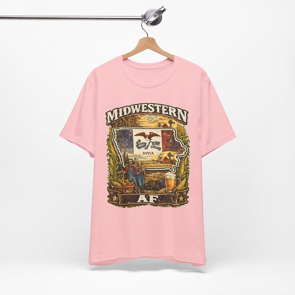 Family Friendly Midwestern AF Iowa T-Shirt – product photo 16 featuring a distressed vintage design featuring the outline of Iowa overlaid with the Iowa state flag, surrounded by towering corn stalks, rolling farmland, a classic red barn, a windmill, a tractor, and an overflowing harvest basket