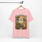 Family Friendly Midwestern AF Iowa T-Shirt – product photo 16 featuring a distressed vintage design featuring the outline of Iowa overlaid with the Iowa state flag, surrounded by towering corn stalks, rolling farmland, a classic red barn, a windmill, a tractor, and an overflowing harvest basket