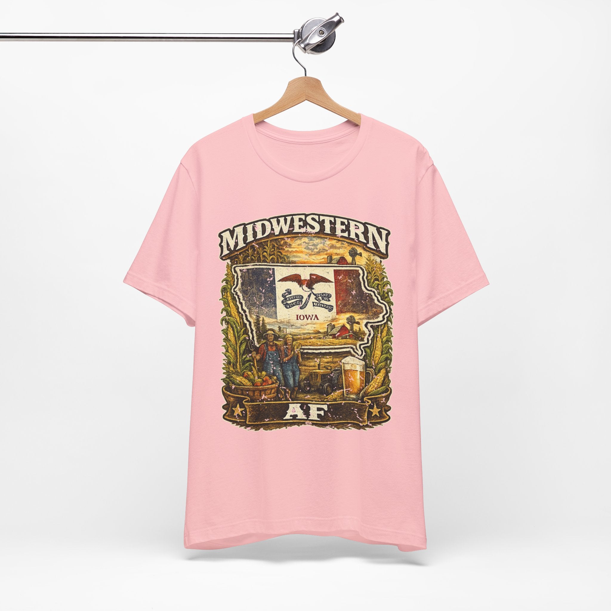 Family Friendly Midwestern AF Iowa T-Shirt – product photo 16 featuring a distressed vintage design featuring the outline of Iowa overlaid with the Iowa state flag, surrounded by towering corn stalks, rolling farmland, a classic red barn, a windmill, a tractor, and an overflowing harvest basket