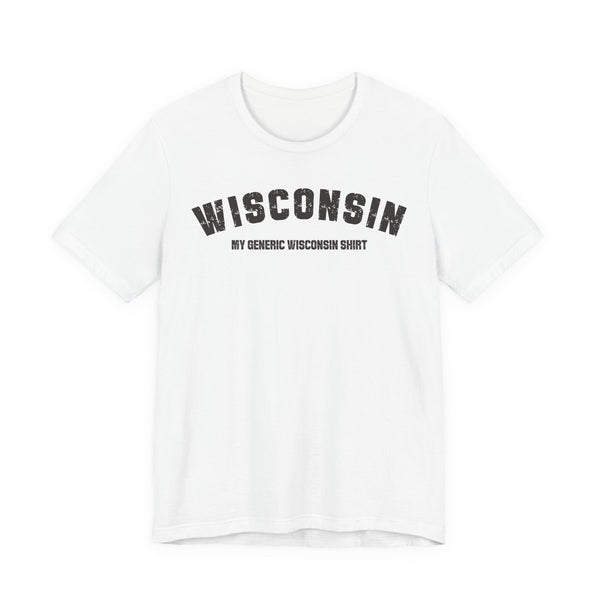 White Personalized Wisconsin T-Shirt laid flat with the charcoal varsity WISCONSIN print and custom line