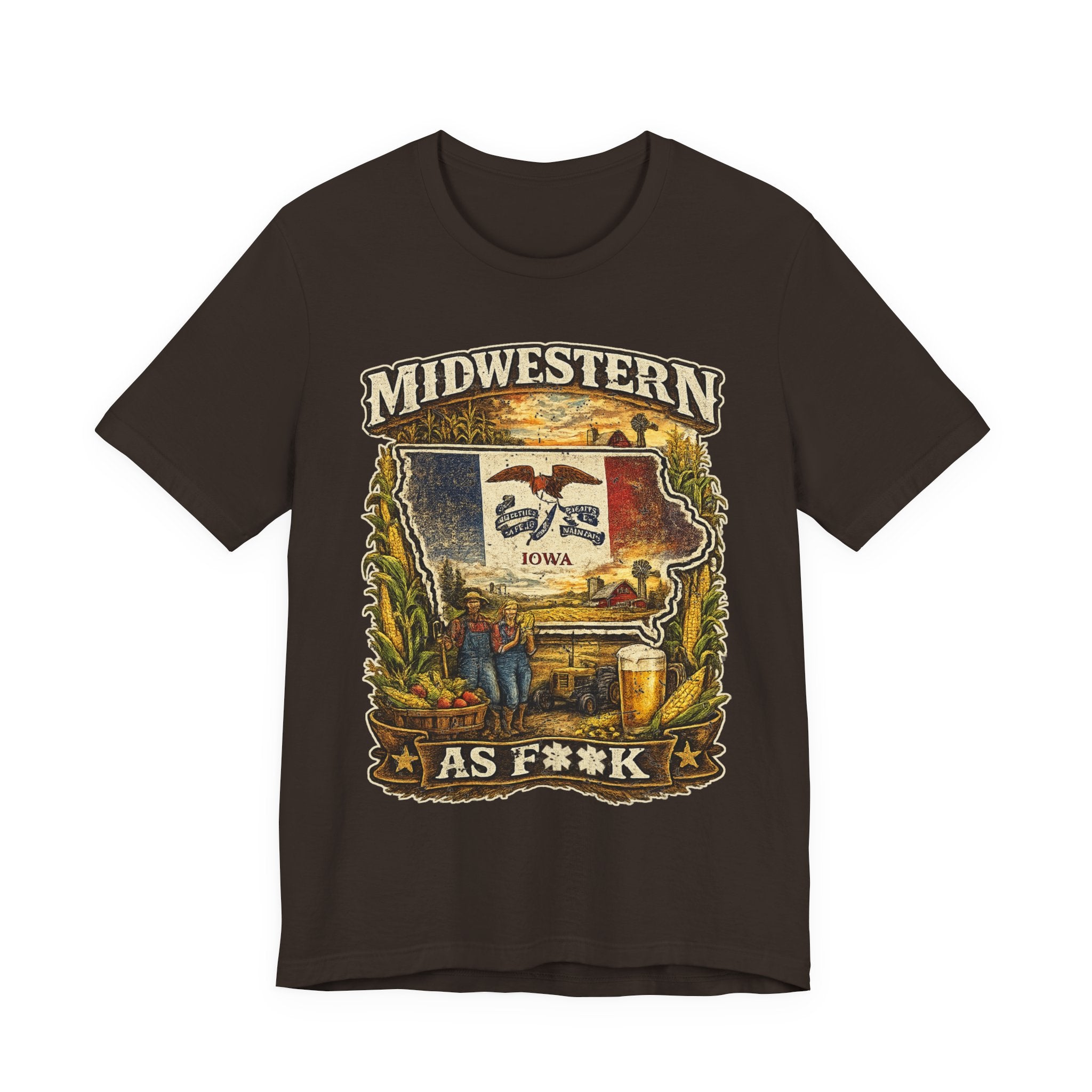 Slightly Salty Midwestern As F**K Iowa T-Shirt in Brown – a distressed vintage design featuring the outline of Iowa overlaid with the Iowa state flag, surrounded by towering corn stalks, rolling farmland, a classic red barn, a windmill, a tractor, and an overflowing harvest basket