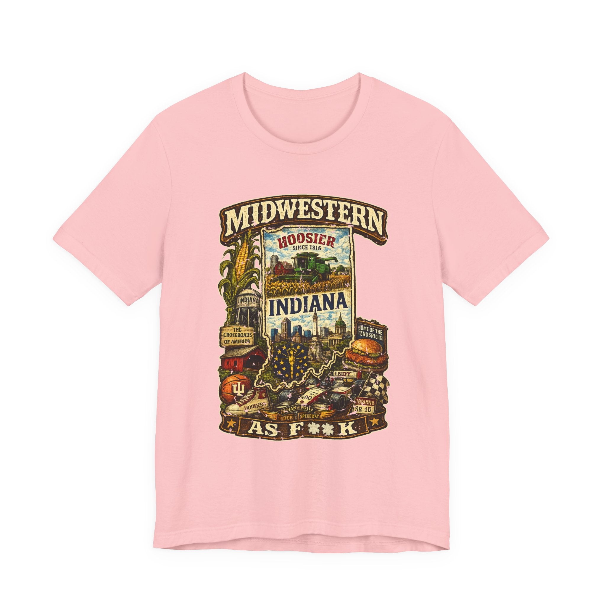 Pink Midwestern As F**K Indiana T-Shirt, slightly salty Hoosier State pride tee