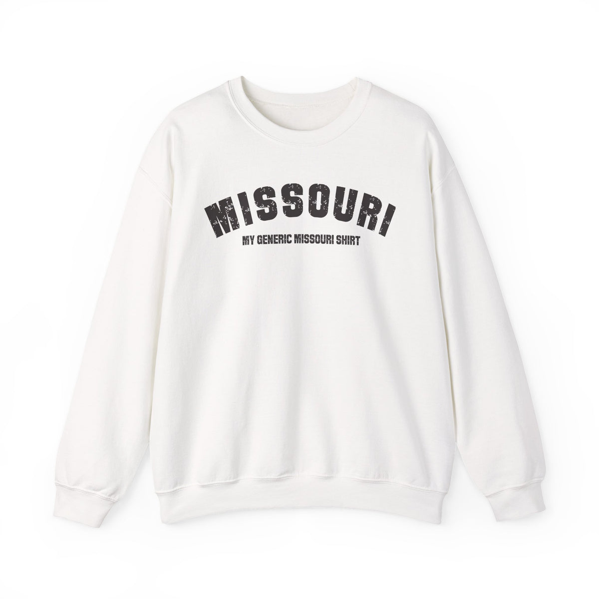 White Missouri crewneck laid flat, dark varsity MISSOURI over the line MY GENERIC MISSOURI SHIRT