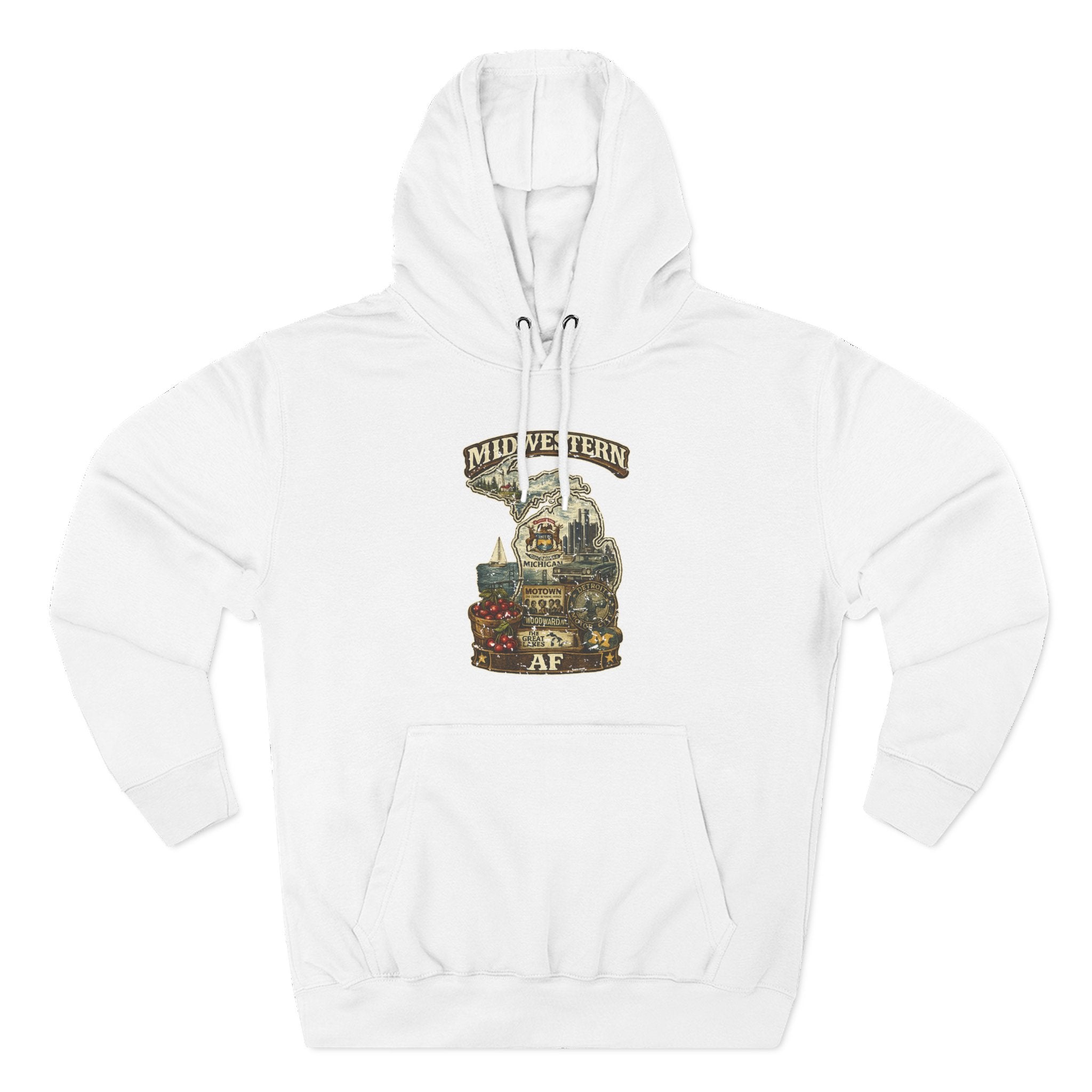 Family Friendly Midwestern AF Michigan Hoodie in White – a distressed vintage design featuring Michigan's Upper and Lower Peninsulas overlaid with the state outline, surrounded by Detroit's skyline, Woodward Avenue, the Great Lakes, and Traverse City cherries