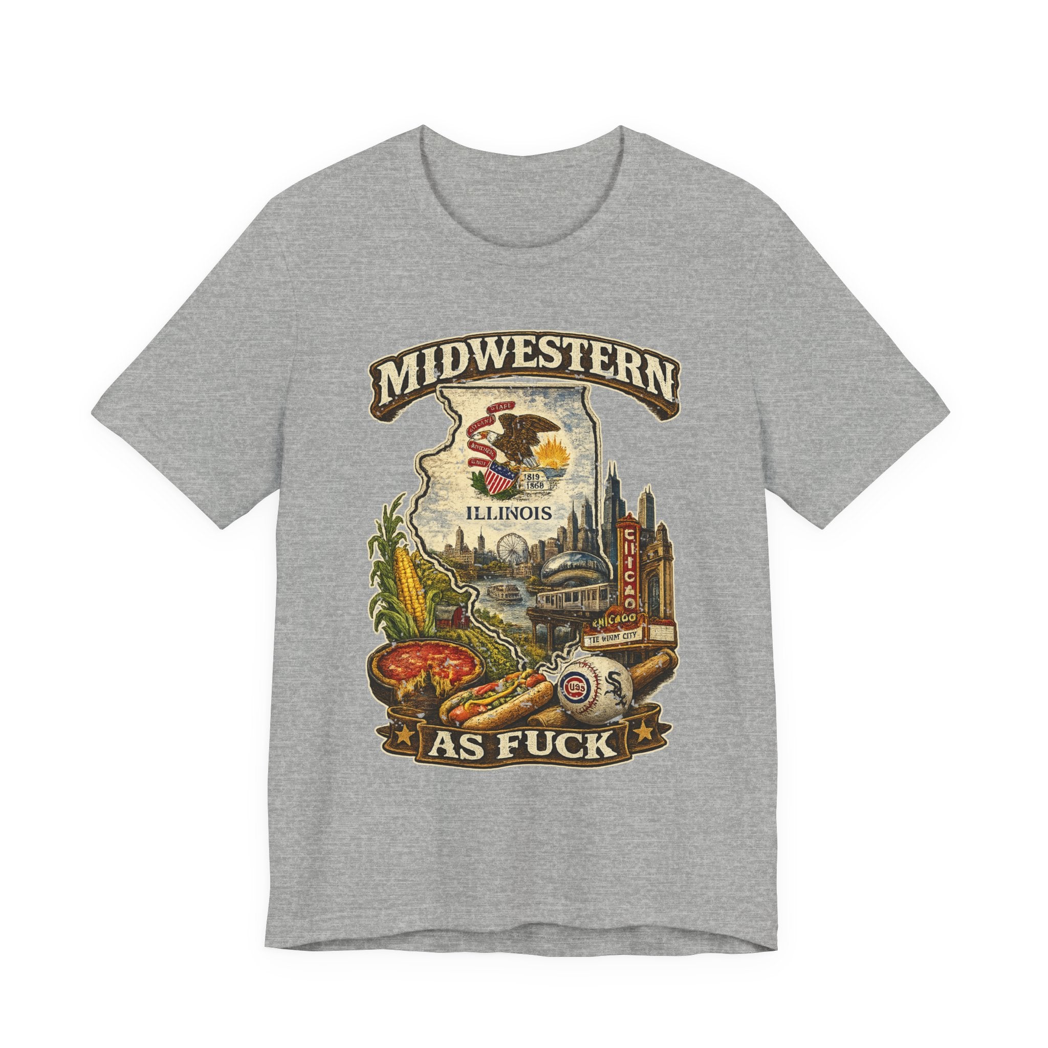 Midwestern As Fuck Illinois T-Shirt in Athletic Heather – a distressed vintage design featuring the Illinois state outline overlaid with the state flag, surrounded by the Chicago skyline, the Chicago Theatre sign, The Bean, deep-dish pizza, a Chicago-style hot dog, and towering corn fields