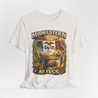 Midwestern As Fuck Iowa T-Shirt – product photo 25 featuring a distressed vintage design featuring the outline of Iowa overlaid with the Iowa state flag, surrounded by towering corn stalks, rolling farmland, a classic red barn, a windmill, a tractor, and an overflowing harvest basket