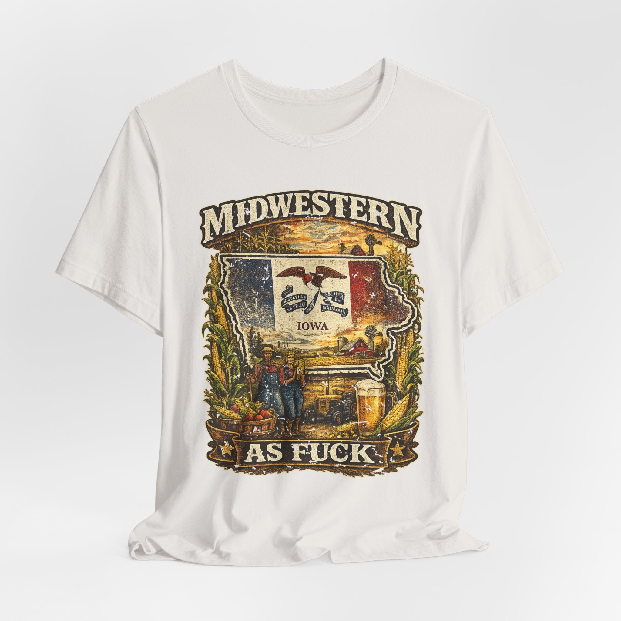 Midwestern As Fuck Iowa T-Shirt – product photo 25 featuring a distressed vintage design featuring the outline of Iowa overlaid with the Iowa state flag, surrounded by towering corn stalks, rolling farmland, a classic red barn, a windmill, a tractor, and an overflowing harvest basket