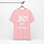 Pink birthday t-shirt on a hanger with the white 50 AS F**K brush print