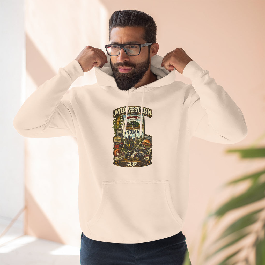 Indiana Midwestern AF Hoodie design closeup, family friendly Hoosier pride graphic pullover artwork