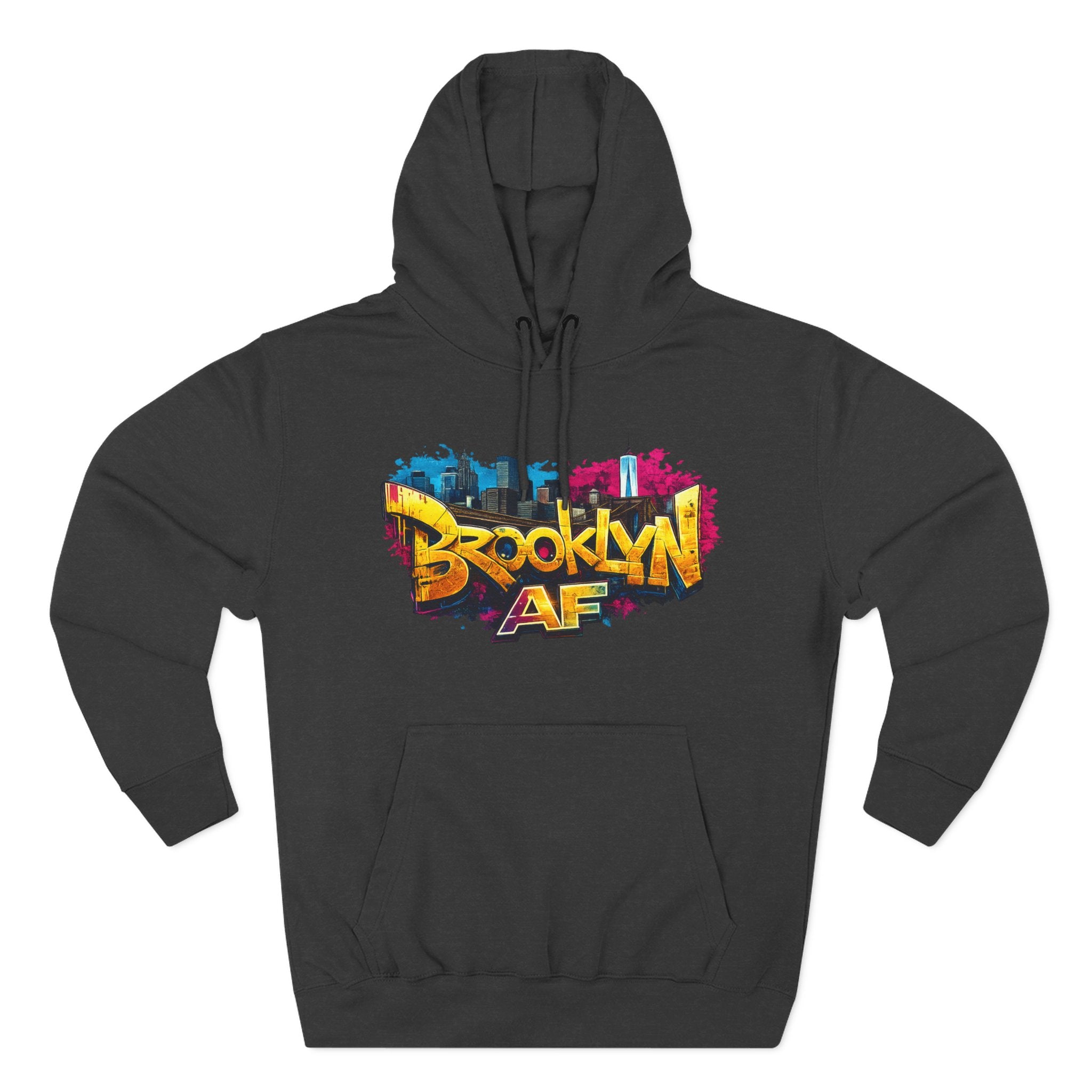 Charcoal Heather hoodie, flat lay front view, with graffiti-style Brooklyn AF logo and NYC skyline paint-splash print.