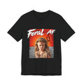 Black Feral AF tee laid flat with the fiery wasteland front print centred on the chest