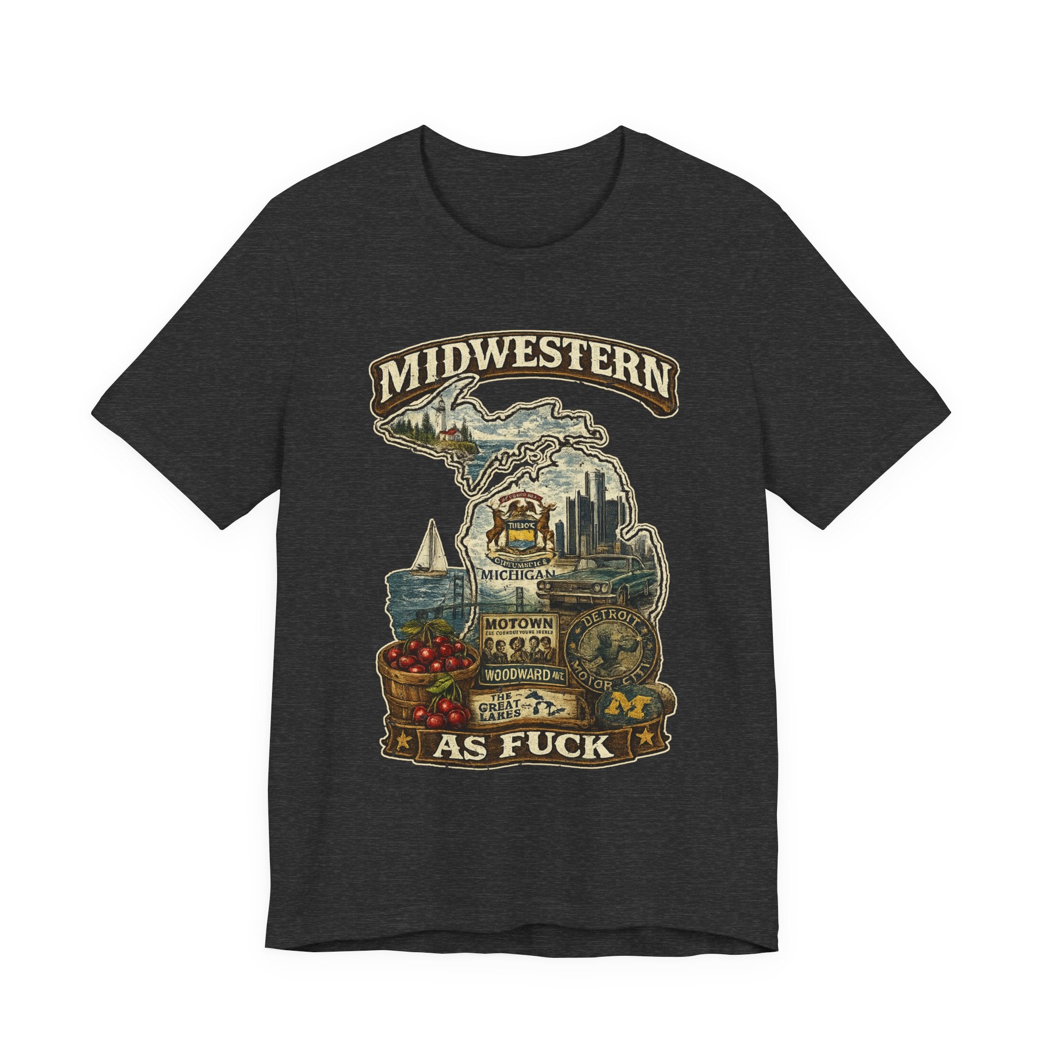 Midwestern As Fuck Michigan T-Shirt in Dark Grey Heather – a distressed vintage design featuring Michigan's Upper and Lower Peninsulas overlaid with the state outline, surrounded by Detroit's skyline, Woodward Avenue, the Great Lakes, and Traverse City cherries
