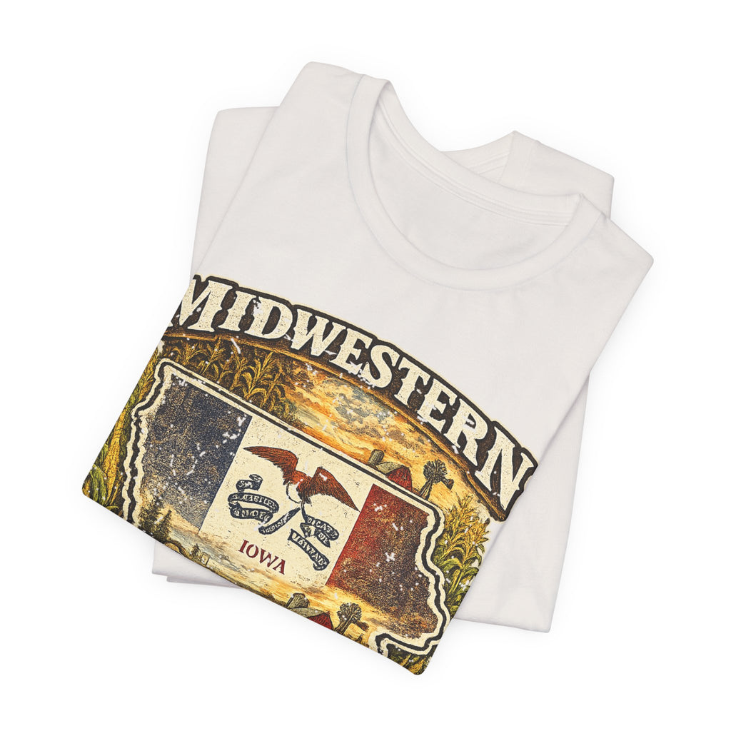 Family Friendly Midwestern AF Iowa T-Shirt – product photo 24 featuring a distressed vintage design featuring the outline of Iowa overlaid with the Iowa state flag, surrounded by towering corn stalks, rolling farmland, a classic red barn, a windmill, a tractor, and an overflowing harvest basket