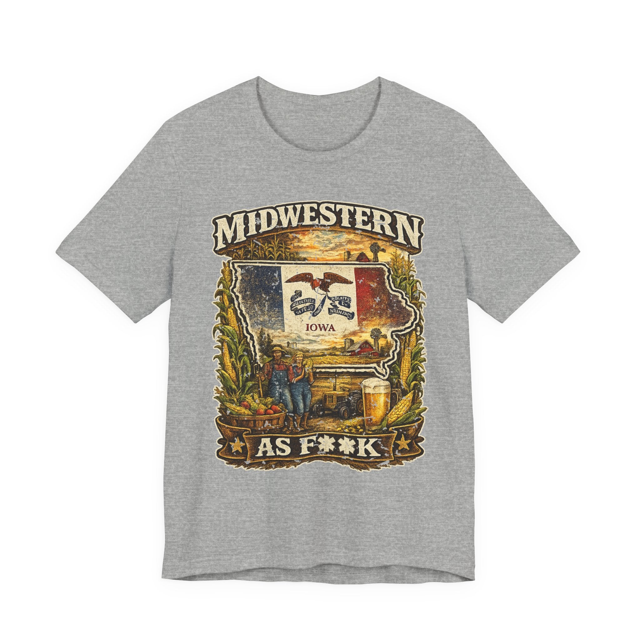 Slightly Salty Midwestern As F**K Iowa T-Shirt in Athletic Heather – a distressed vintage design featuring the outline of Iowa overlaid with the Iowa state flag, surrounded by towering corn stalks, rolling farmland, a classic red barn, a windmill, a tractor, and an overflowing harvest basket