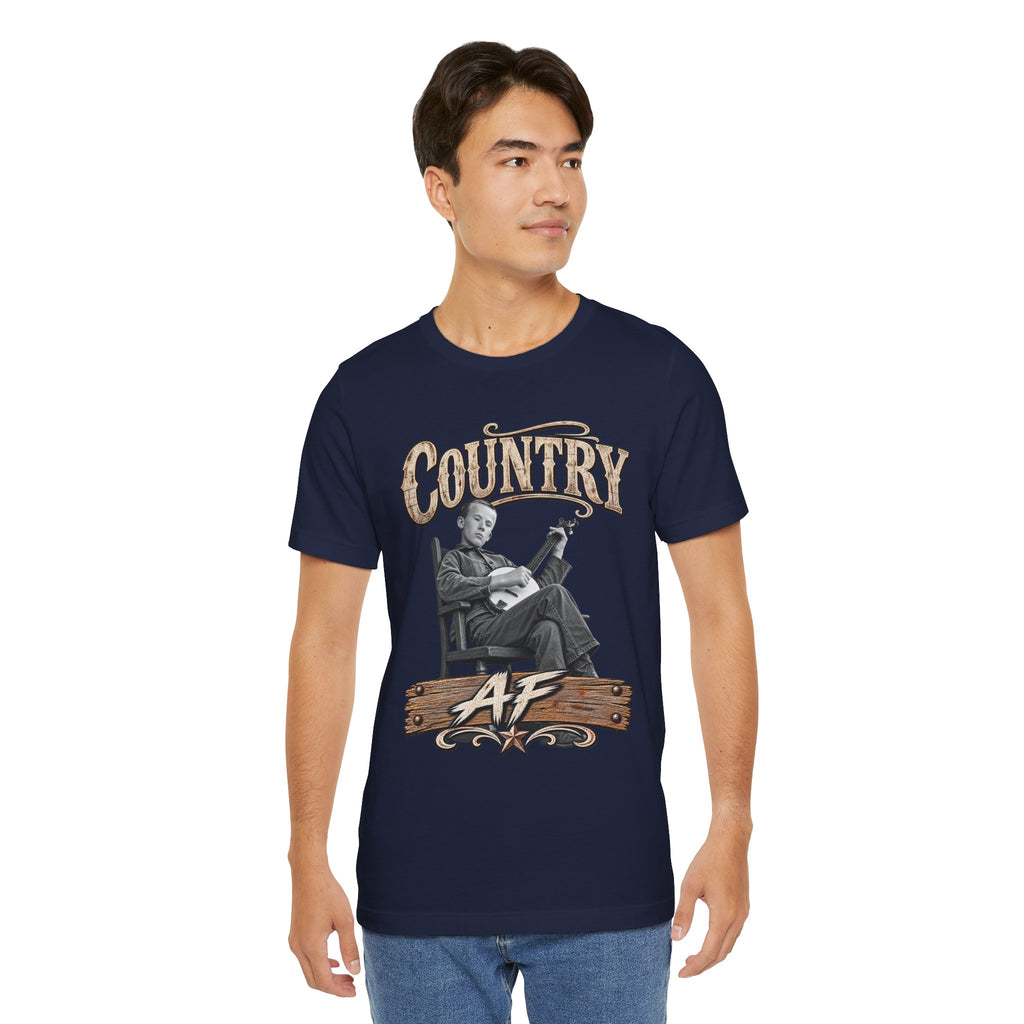 Man in the Navy Country AF tee, banjo and wooden AF sign print
