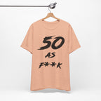 Heather Peach birthday tee on a wooden hanger showing the black front print