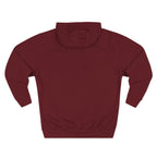 Maroon hoodie, back view, plain hood and body with no printed graphic visible from this angle.
