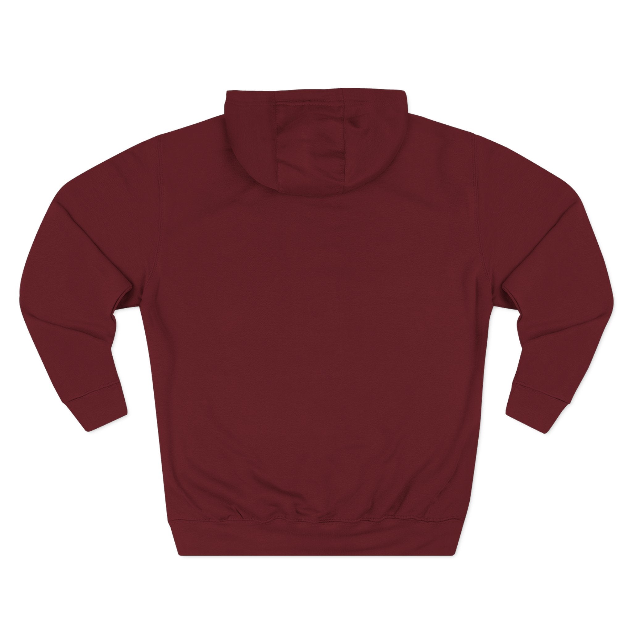 Maroon hoodie, back view, plain hood and body with no printed graphic visible from this angle.