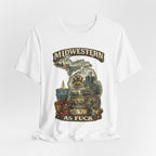 Midwestern As Fuck Michigan T-Shirt – product photo 4 featuring a distressed vintage design featuring Michigan's Upper and Lower Peninsulas overlaid with the state outline, surrounded by Detroit's skyline, Woodward Avenue, the Great Lakes, and Traverse City cherries