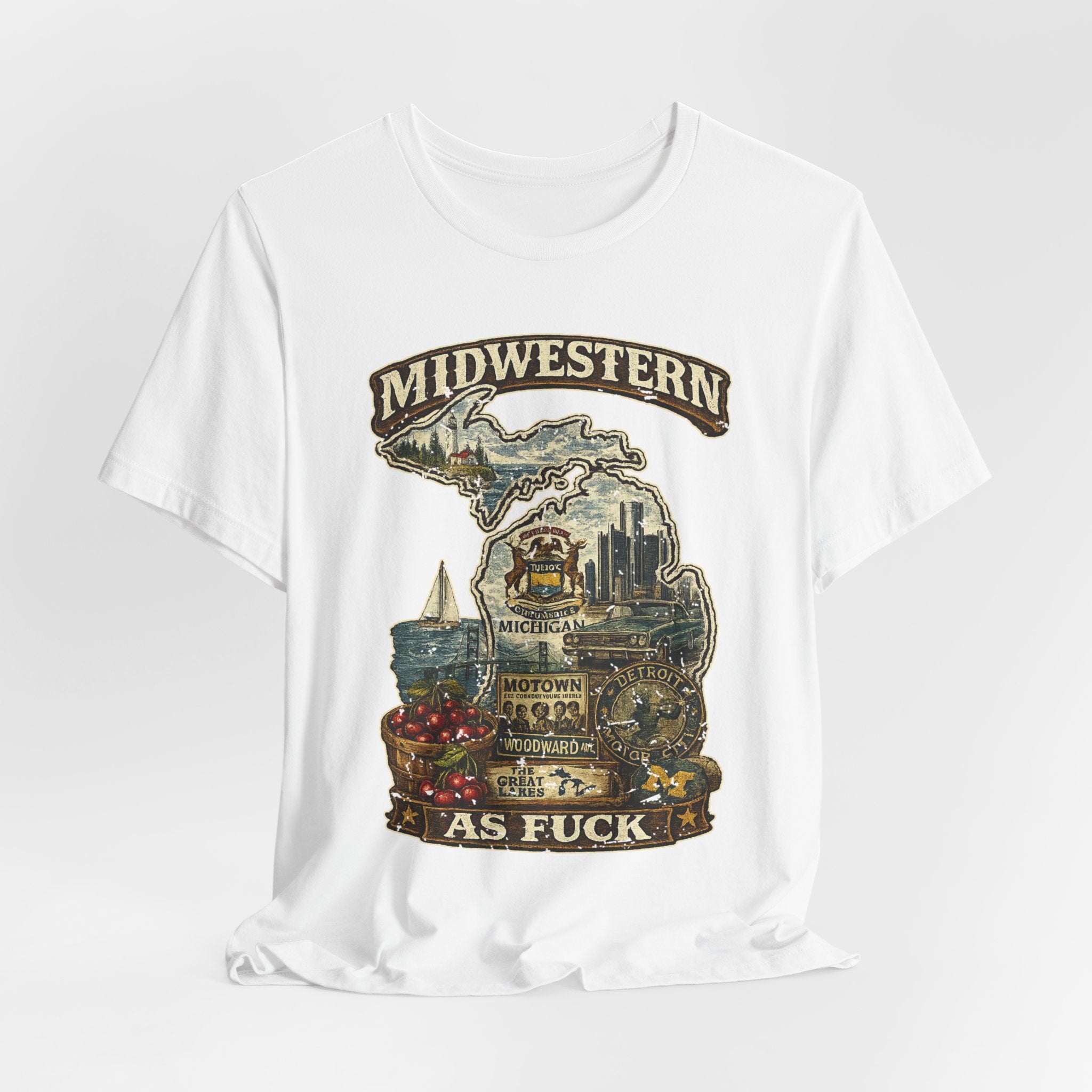 Midwestern As Fuck Michigan T-Shirt – product photo 4 featuring a distressed vintage design featuring Michigan's Upper and Lower Peninsulas overlaid with the state outline, surrounded by Detroit's skyline, Woodward Avenue, the Great Lakes, and Traverse City cherries