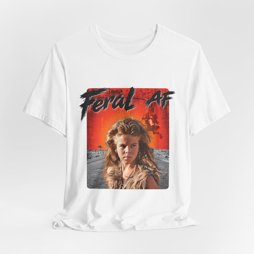 White Feral AF T-shirt arranged on a pale backdrop, the front print shown in full colour
