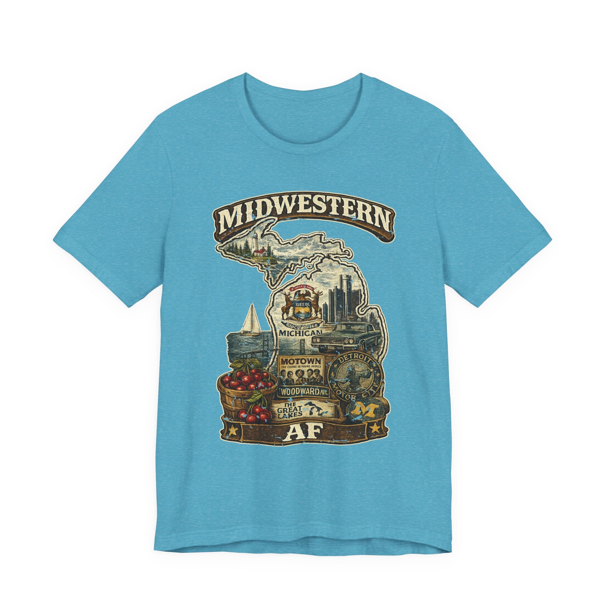 Family Friendly Midwestern AF Michigan T-Shirt in Heather Aqua – a distressed vintage design featuring Michigan's Upper and Lower Peninsulas overlaid with the state outline, surrounded by Detroit's skyline, Woodward Avenue, the Great Lakes, and Traverse City cherries