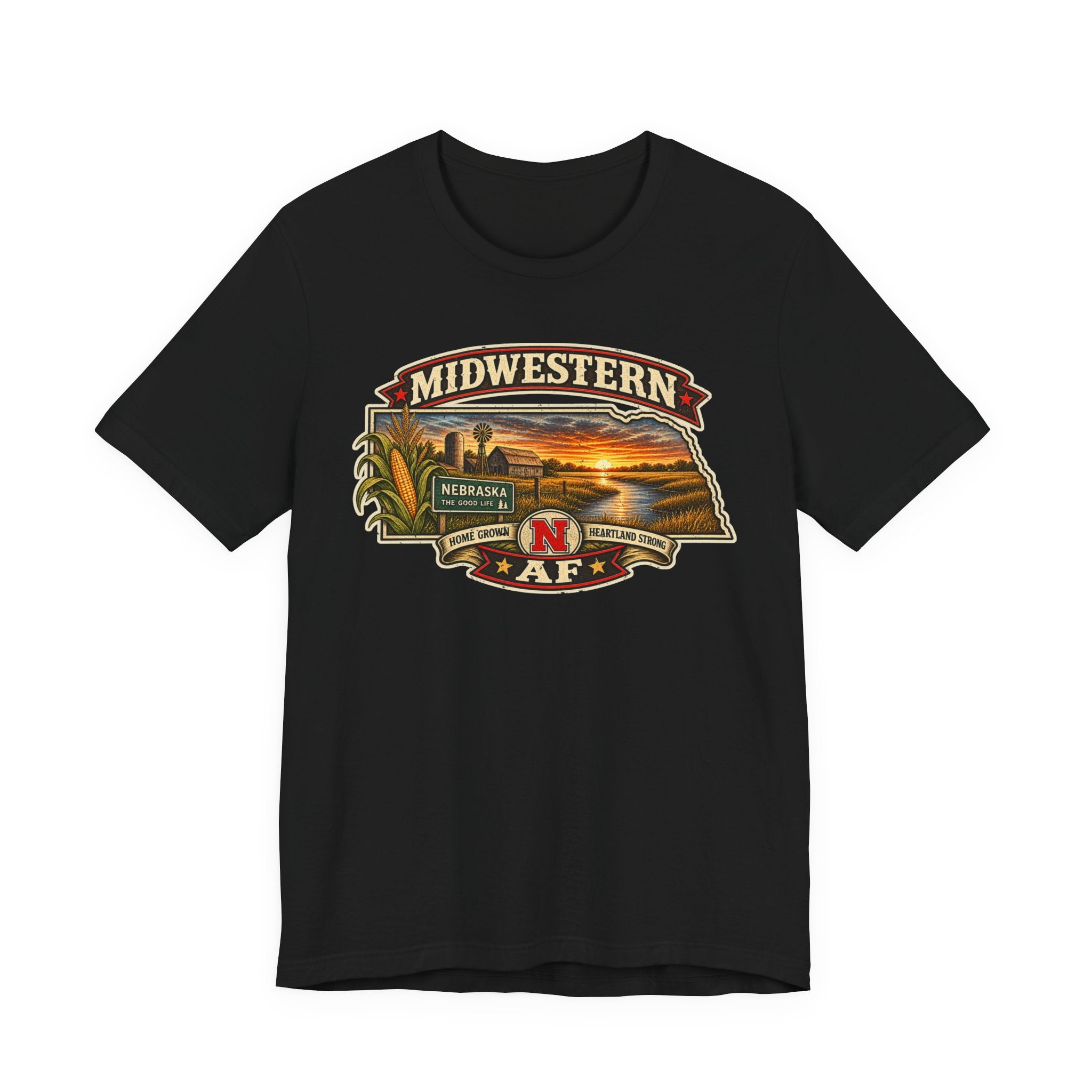 Black Nebraska T-shirt laid flat with the full-colour Midwestern AF Cornhusker State graphic