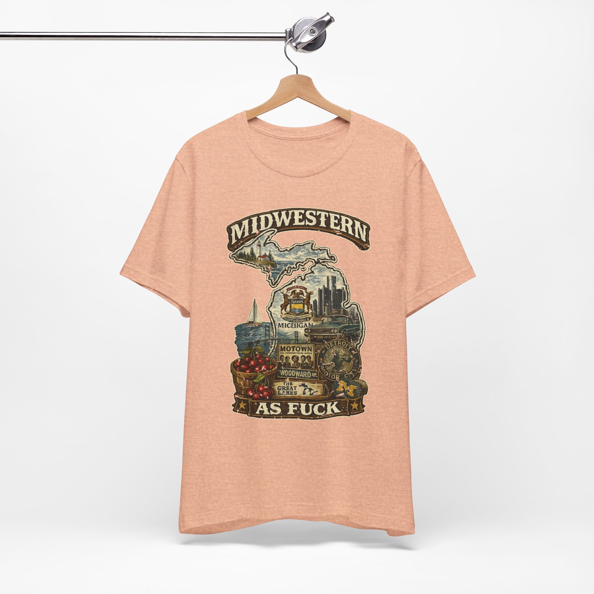 Midwestern As Fuck Michigan T-Shirt – product photo 10 featuring a distressed vintage design featuring Michigan's Upper and Lower Peninsulas overlaid with the state outline, surrounded by Detroit's skyline, Woodward Avenue, the Great Lakes, and Traverse City cherries