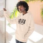 Woman outdoors in the oatmeal heather Iowa hoodie reading IOWA above WELP MIDWEST GOODBYE