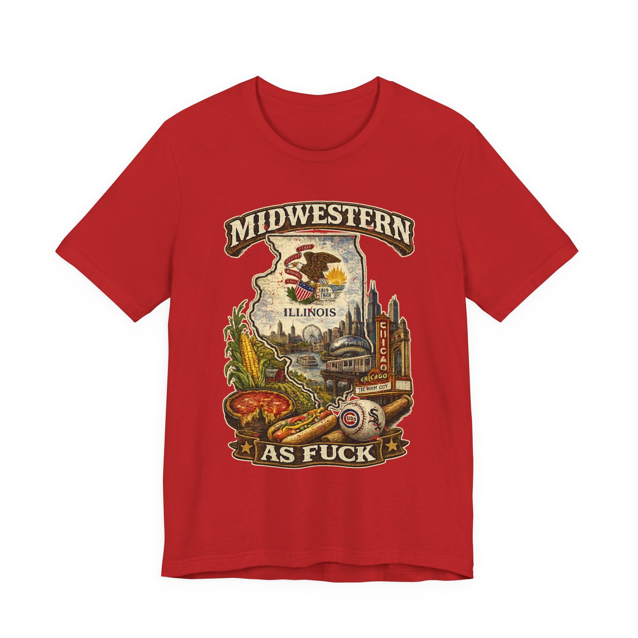 Midwestern As Fuck Illinois T-Shirt in Red – a distressed vintage design featuring the Illinois state outline overlaid with the state flag, surrounded by the Chicago skyline, the Chicago Theatre sign, The Bean, deep-dish pizza, a Chicago-style hot dog, and towering corn fields